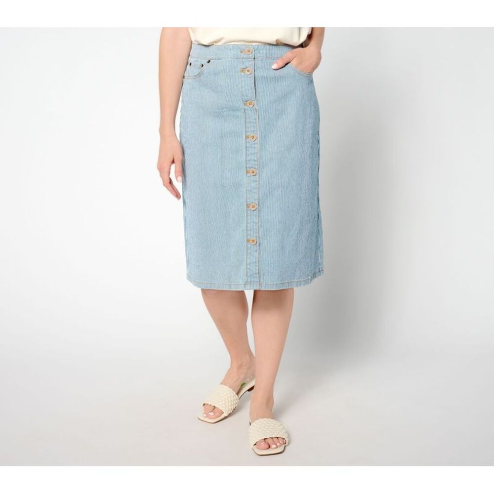 Denim & Co. Women's Petite Skirt PXL Button Front Striped Midi Blue A649423